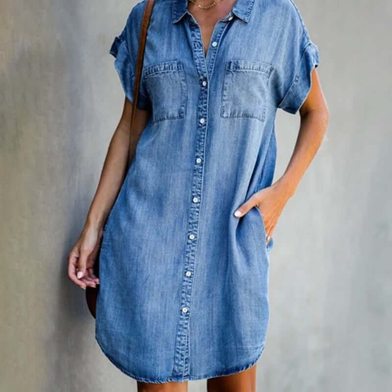 Emilia - Elegant Denim Mini Dress with Belly Coverage (Plus Size Available)