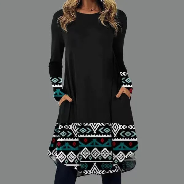 Harriet - Artistic Abstract Print Long-Sleeve Dress