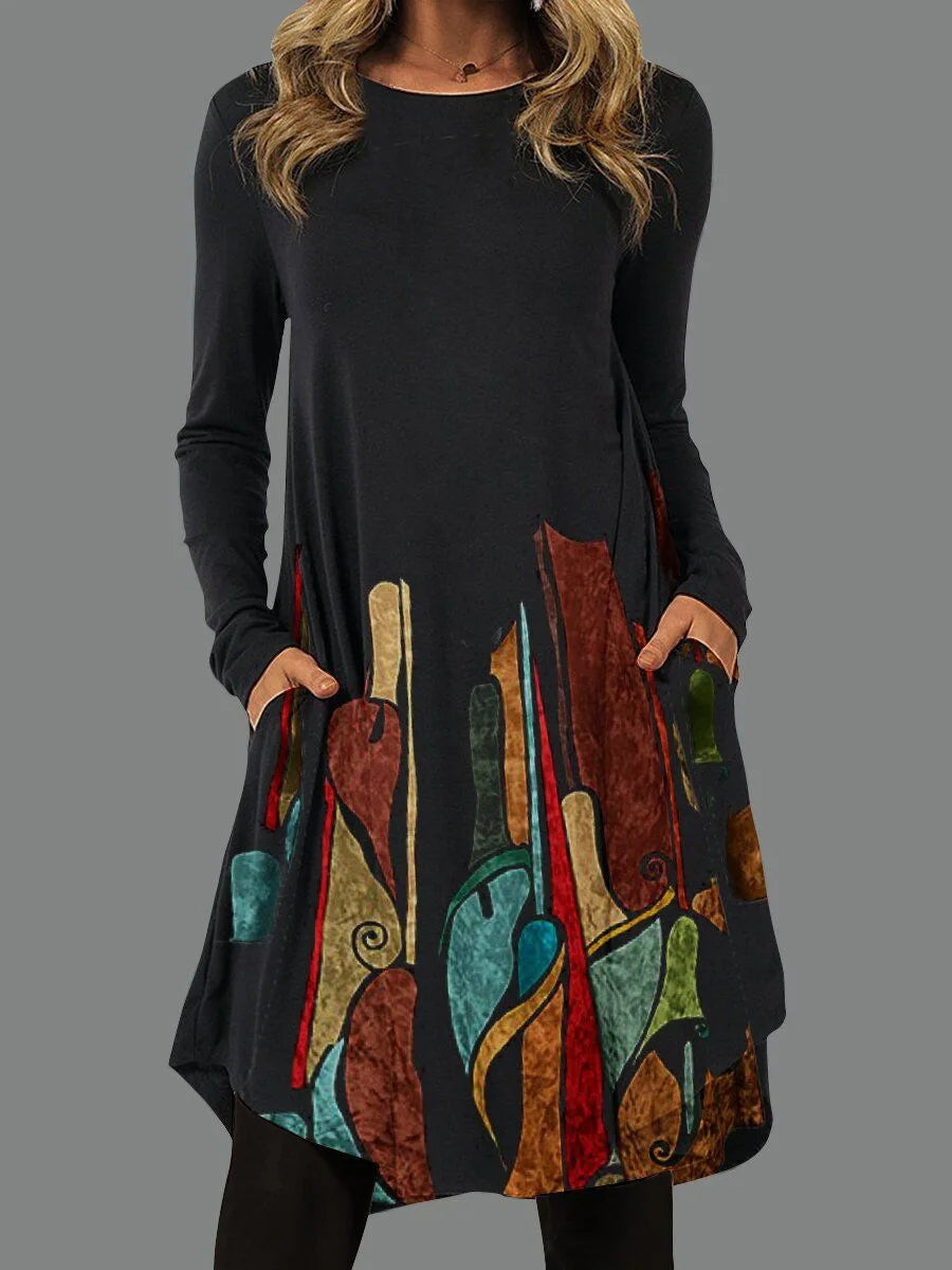 Harriet - Artistic Abstract Print Long-Sleeve Dress