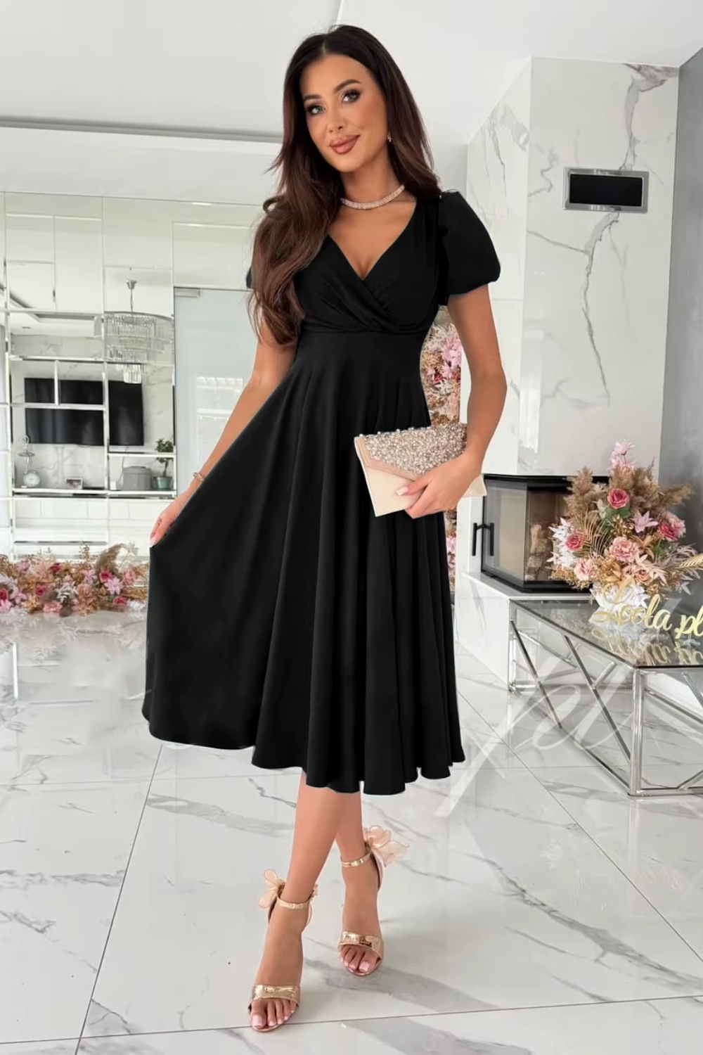 Anika - Elegant V-Neck Midi Dress for Weddings and Special Occasions