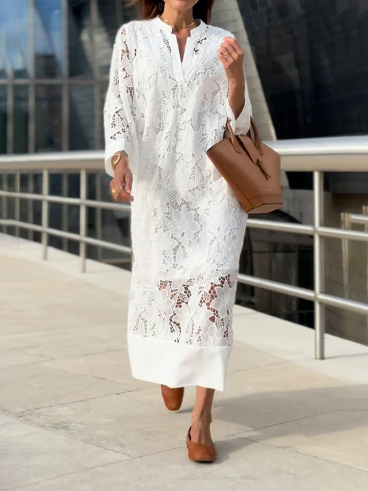 Meadow - Graceful White Lace Midi Dress Timeless Elegance