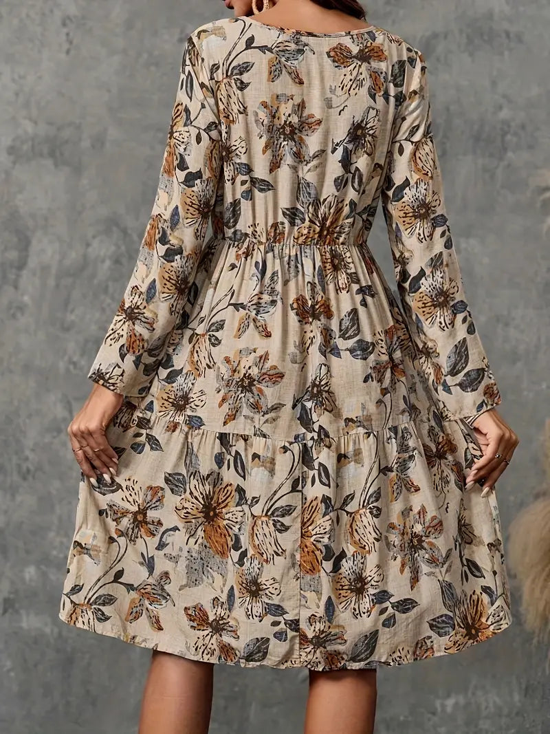 Adelina - Elegant Floral Print Long Sleeve Dress