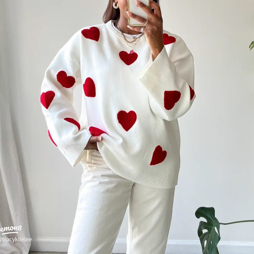 Florence - Heart Print Knit Sweater Casual Cozy Wear