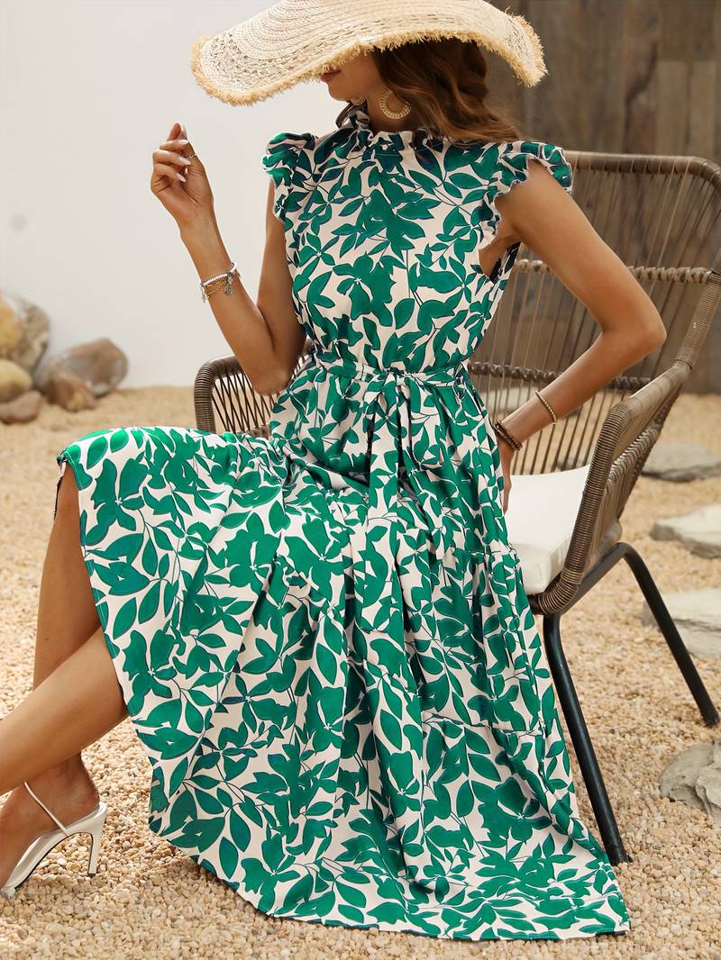 Eleanor - Ruffled Sleeve Leaf Print Summer Dress with Belt