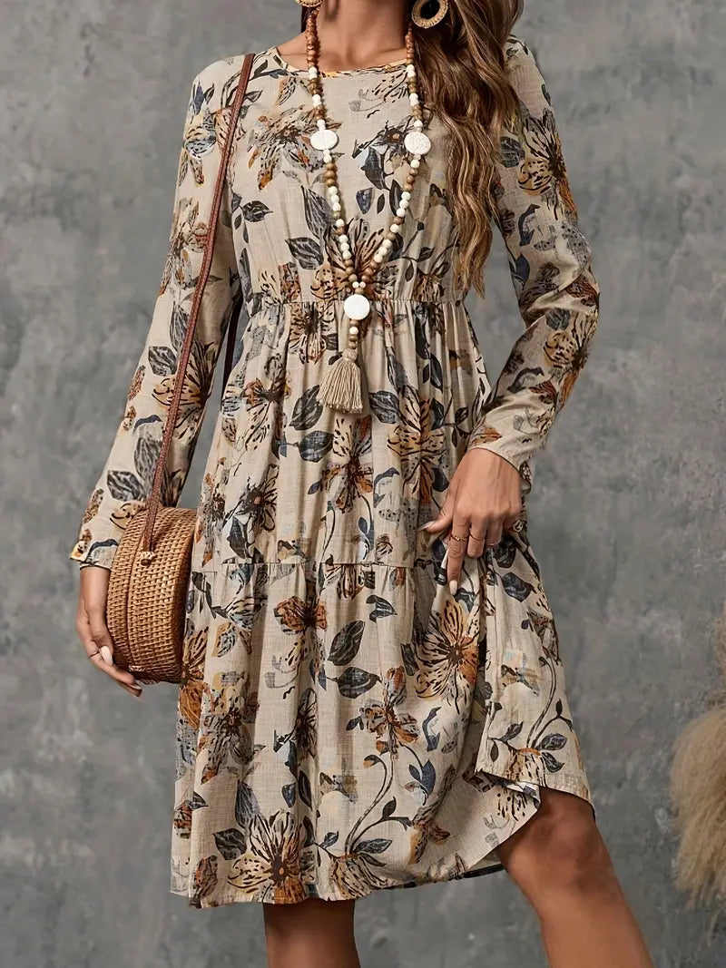 Adelina - Elegant Floral Print Long Sleeve Dress