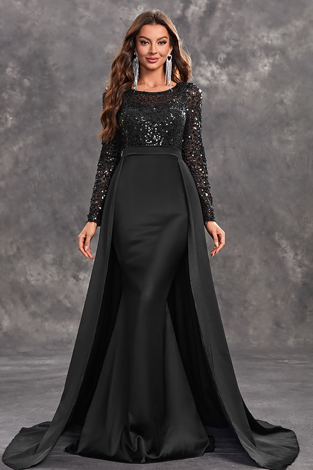 Divina - Sequin Draped Evening Gown Formal Satin and Sequin