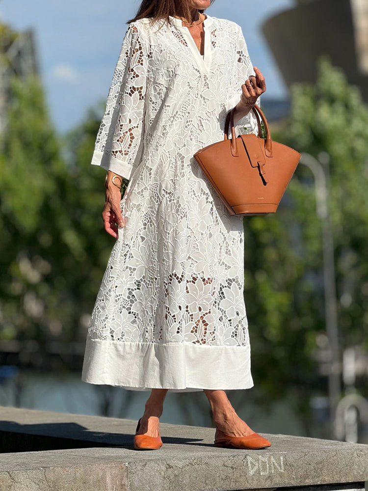 Meadow - Graceful White Lace Midi Dress Timeless Elegance