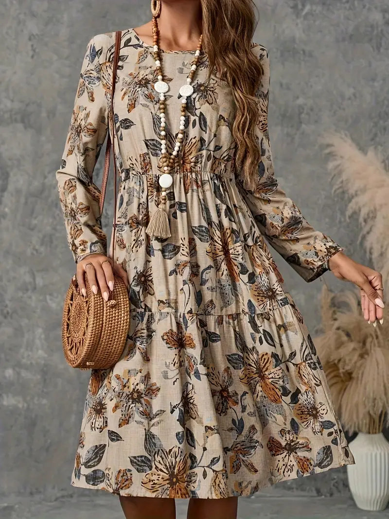 Adelina - Elegant Floral Print Long Sleeve Dress