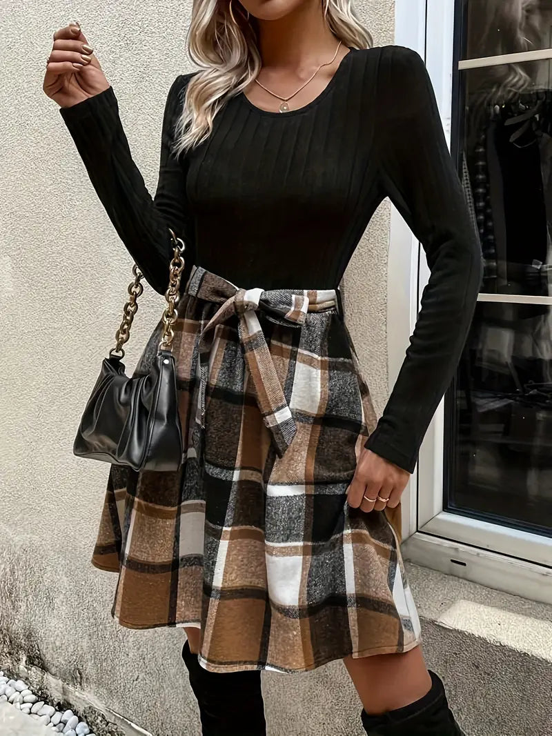 Billie - Elegant Black Long Sleeve and Plaid Skirt Dress with Knot Waist