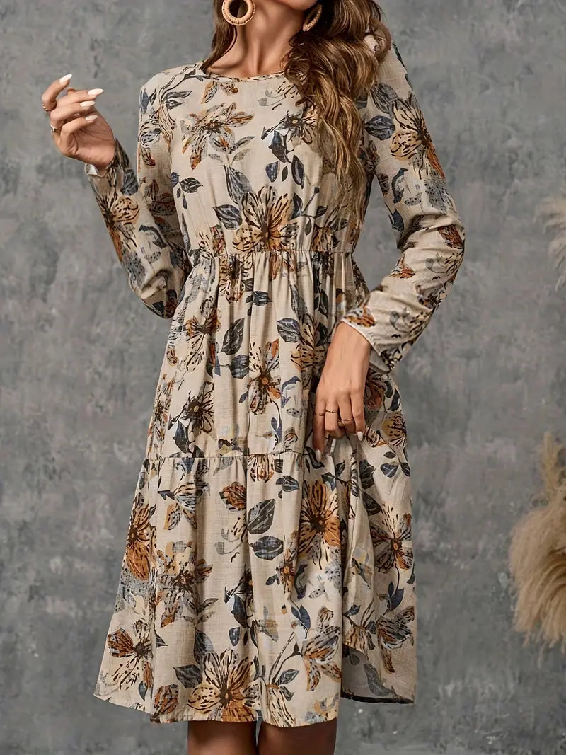 Adelina - Elegant Floral Print Long Sleeve Dress