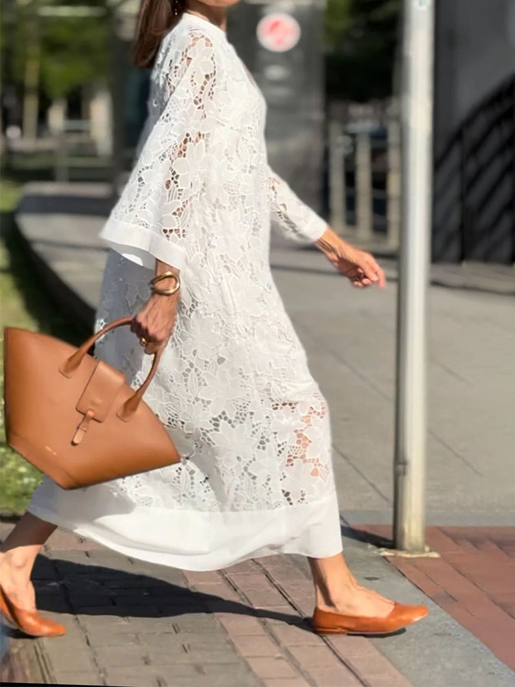 Meadow - Graceful White Lace Midi Dress Timeless Elegance