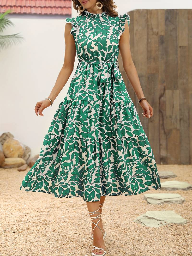 Eleanor - Ruffled Sleeve Leaf Print Summer Dress with Belt