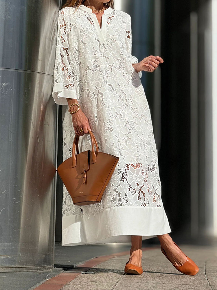 Meadow - Graceful White Lace Midi Dress Timeless Elegance