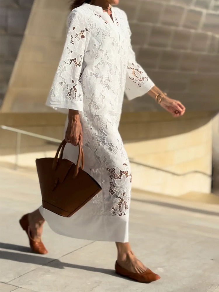 Meadow - Graceful White Lace Midi Dress Timeless Elegance