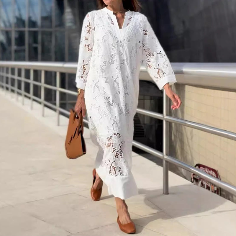 Meadow - Graceful White Lace Midi Dress Timeless Elegance