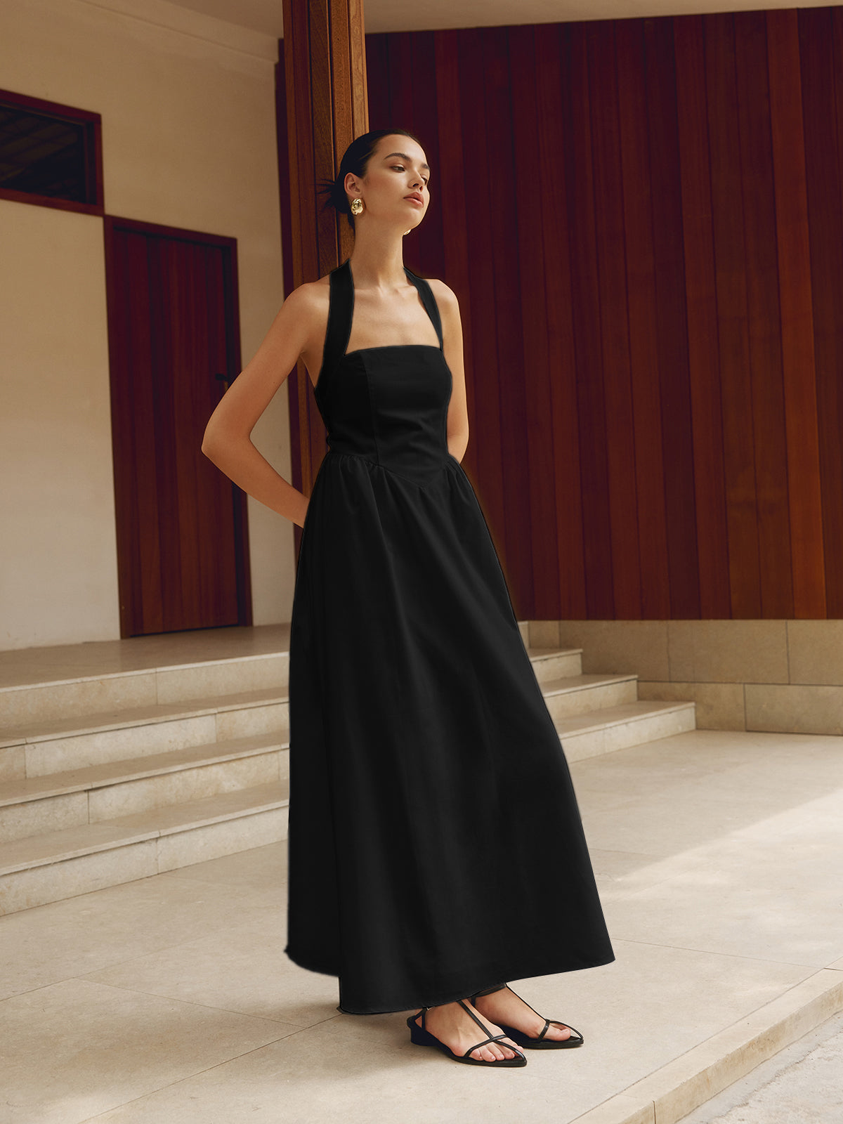 Lucienne - Elegant Halter Neck A-Line Maxi Dress Cotton Blend