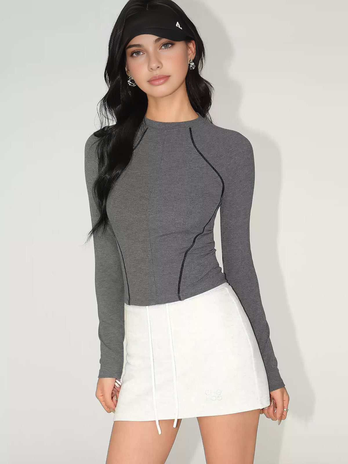 Thea - Gray Contrast-Stitch Long Sleeve Top Sleek and Sporty Fit