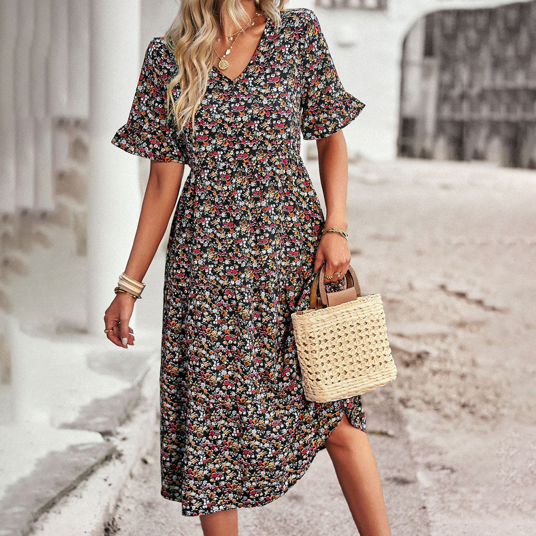 Magnolia - Boho Floral Midi Dress Lightweight Cotton