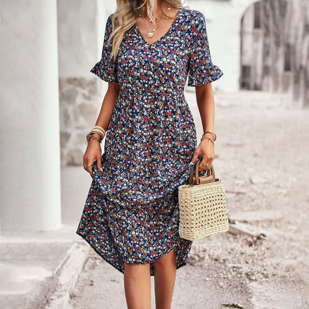 Magnolia - Boho Floral Midi Dress Lightweight Cotton