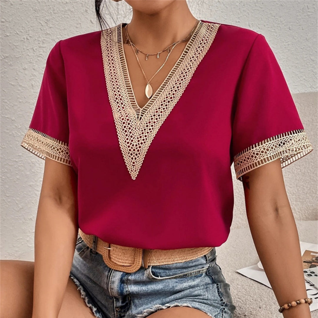 Edna - Crochet Trim V-Neck Blouse Lightweight and Stylish