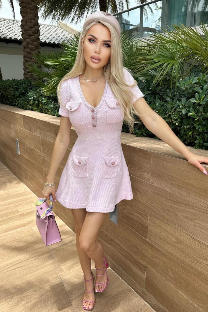 Lara - Baby Pink Mini Dress with Crystal Button Detail and Pockets