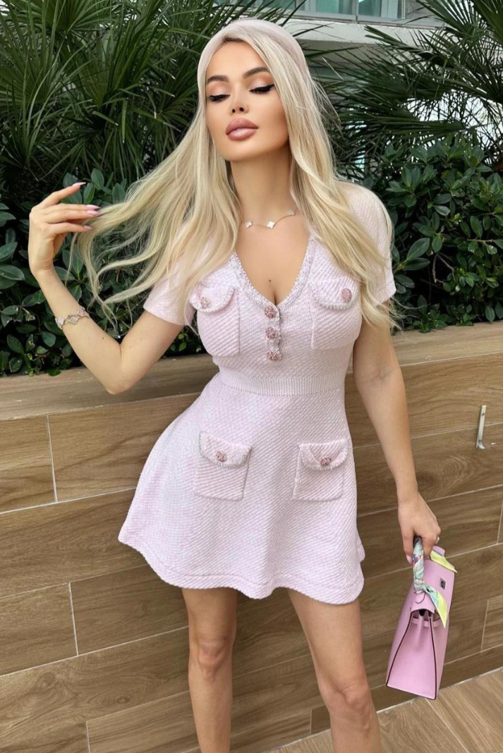 Lara - Baby Pink Mini Dress with Crystal Button Detail and Pockets