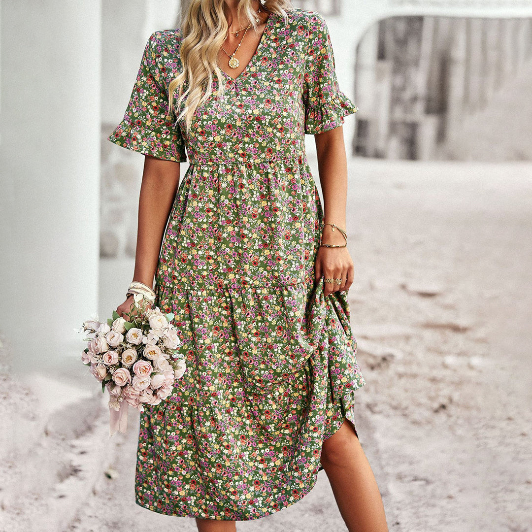 Magnolia - Boho Floral Midi Dress Lightweight Cotton