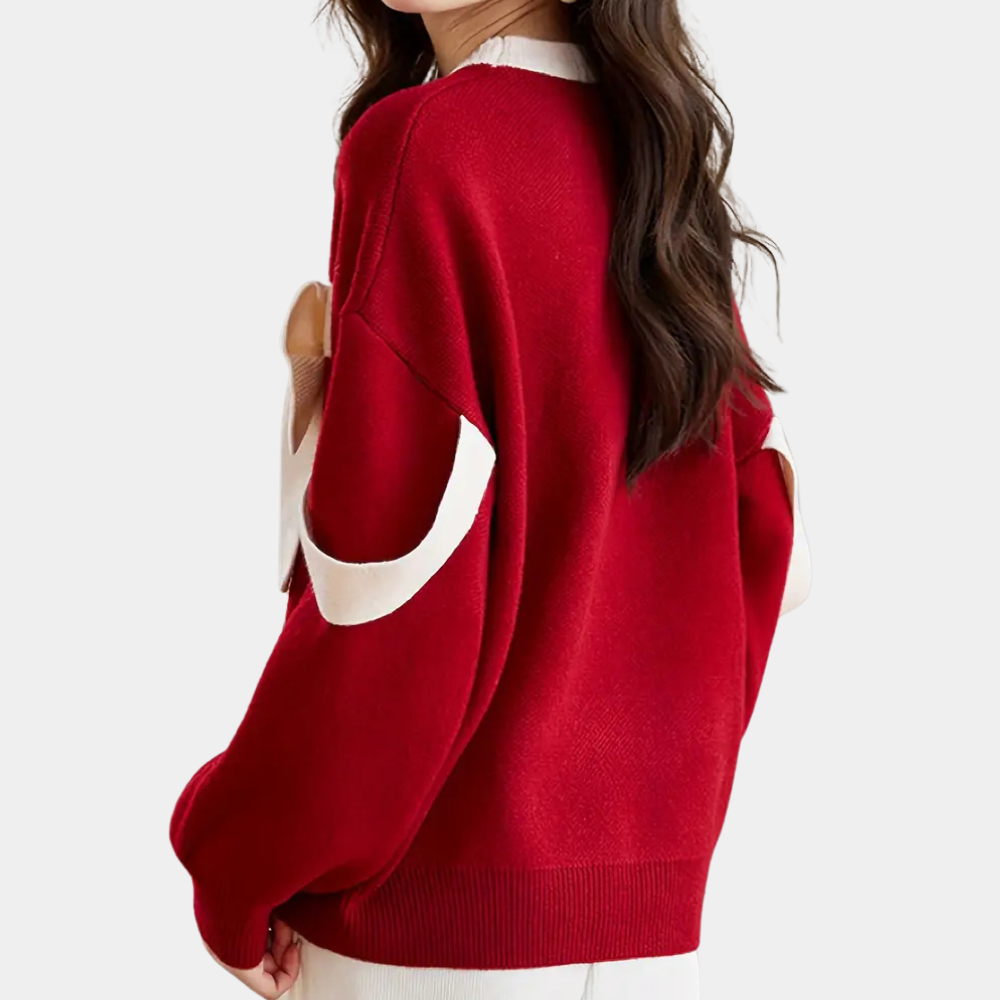 Brianna - Red Bow Knit Sweater Festive Charm for Cozy and Cute Style