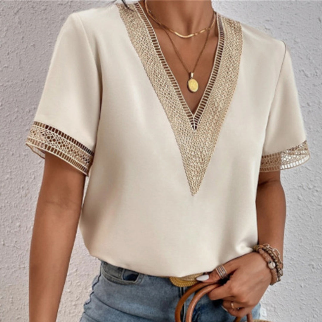 Edna - Crochet Trim V-Neck Blouse Lightweight and Stylish