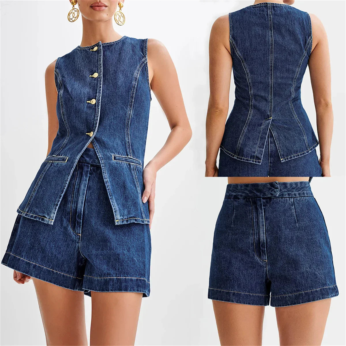 Clio - Casual Denim Shorts Set Blue Cotton Comfortable and Trendy