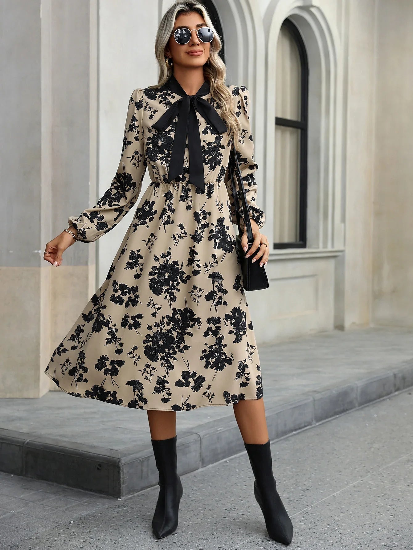 Lorraine - Bow-Tie Floral Print Dress Elegant and Timeless