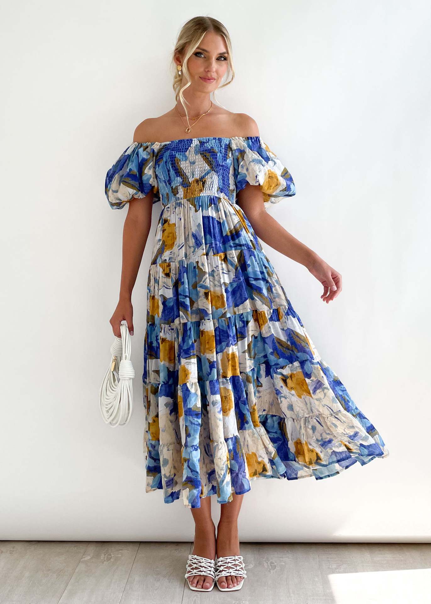 Seraphina - Off-Shoulder Floral Midi Dress Romantic and Elegant