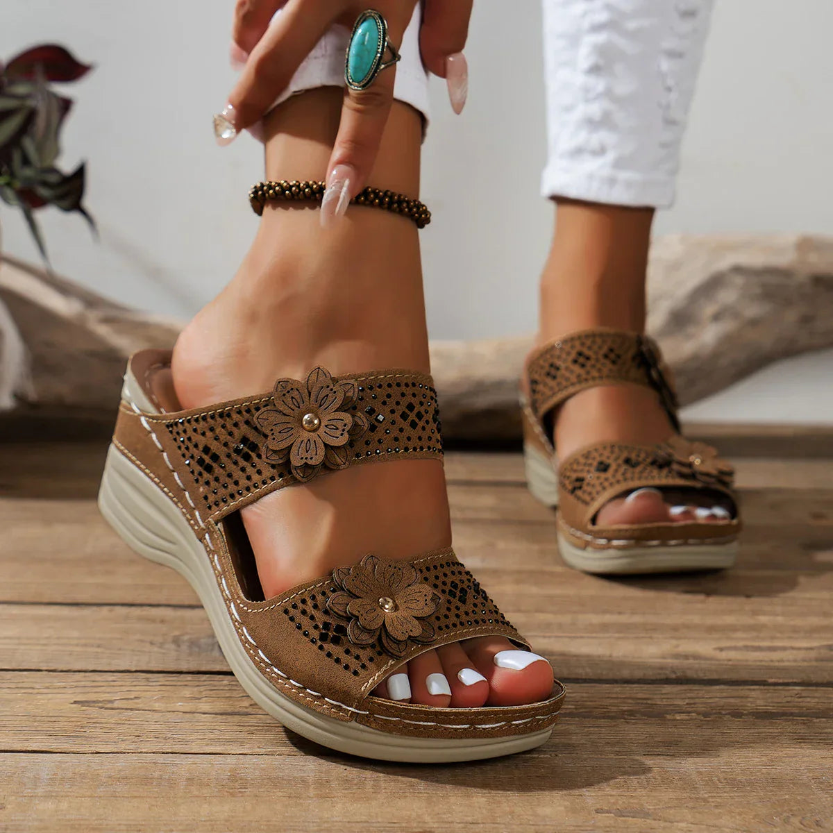 Amara - Floral Wedge Sandals