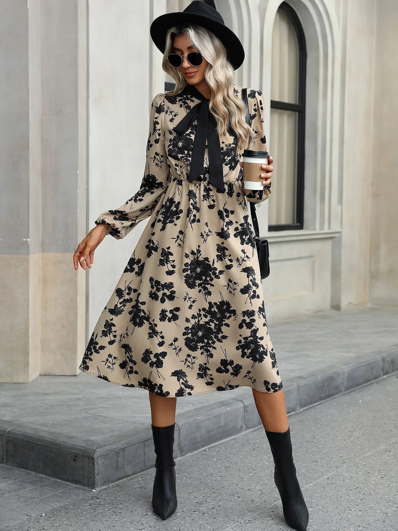 Lorraine - Bow-Tie Floral Print Dress Elegant and Timeless