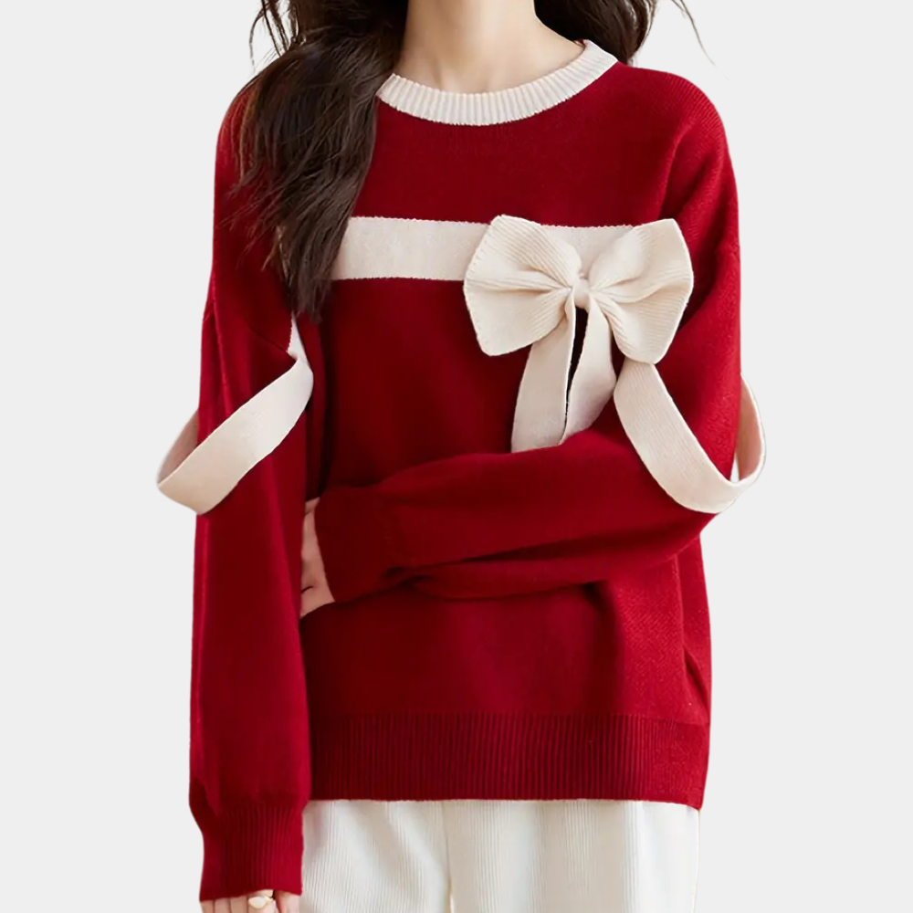 Brianna - Red Bow Knit Sweater Festive Charm for Cozy and Cute Style