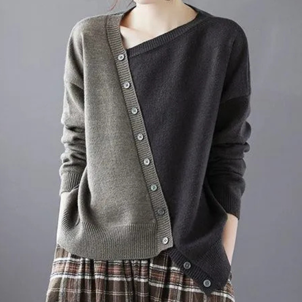 Soleil - Asymmetrical Button Sweater Modern Two-Tone Knit for Effortless Style