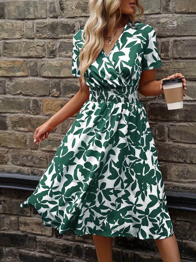 Delilah - Leaf Print V-Neck Dress with Elastic Waist for Summer