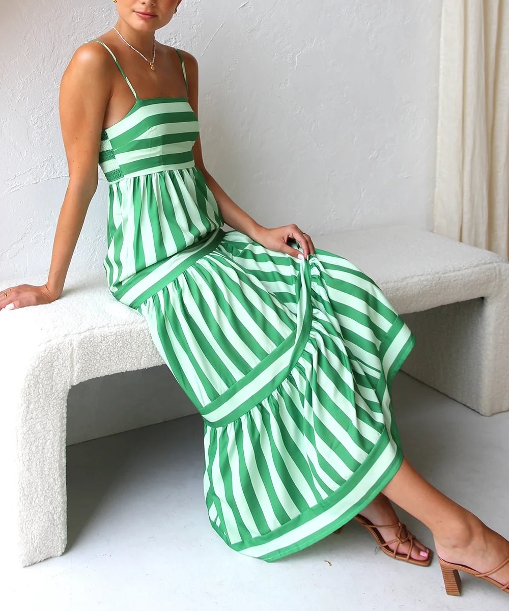 Harley - Striped Tiered Midi Dress Cotton Blend for Casual Elegance