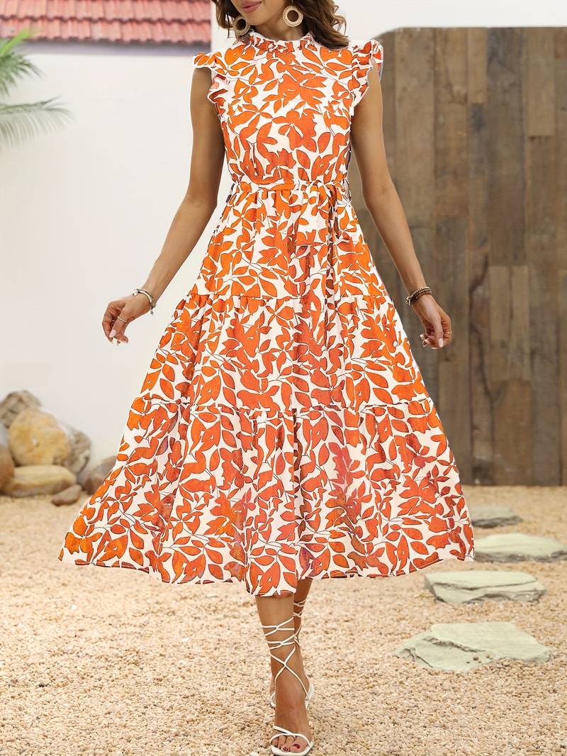 Eleanor - Ruffled Sleeve Leaf Print Summer Dress with Belt