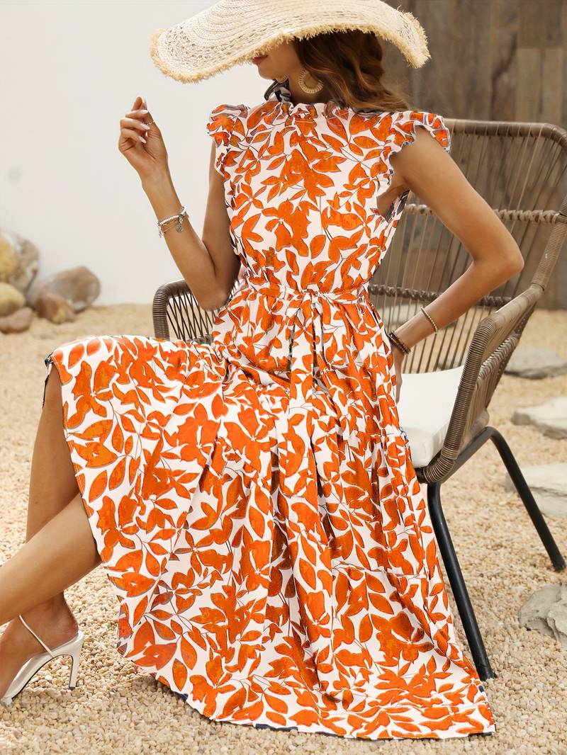 Eleanor - Ruffled Sleeve Leaf Print Summer Dress with Belt