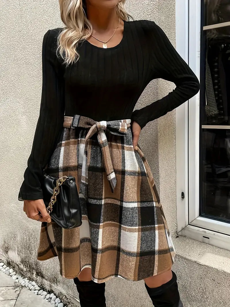 Billie - Elegant Black Long Sleeve and Plaid Skirt Dress with Knot Waist