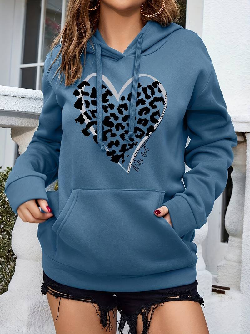 Madeline - Leopard Heart Print Hoodie Casual Modern Style