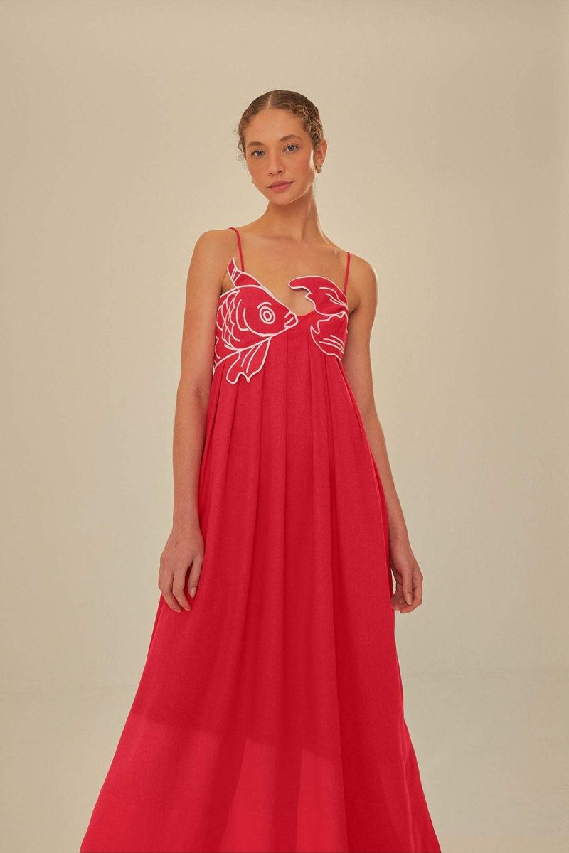 Jacinda - Goldfish Embroidered Maxi Slip Dress Cotton for a Summer Festival Look