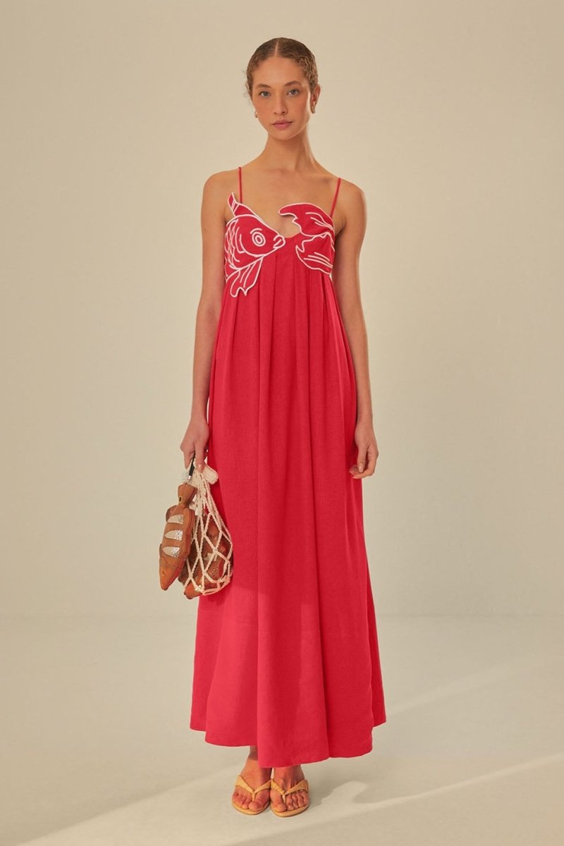 Jacinda - Goldfish Embroidered Maxi Slip Dress Cotton for a Summer Festival Look