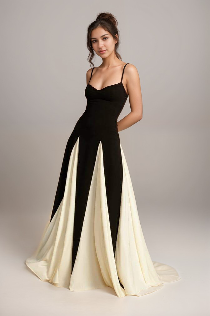 Maris - Timeless Elegance Maxi Gown Black White Satin Blend