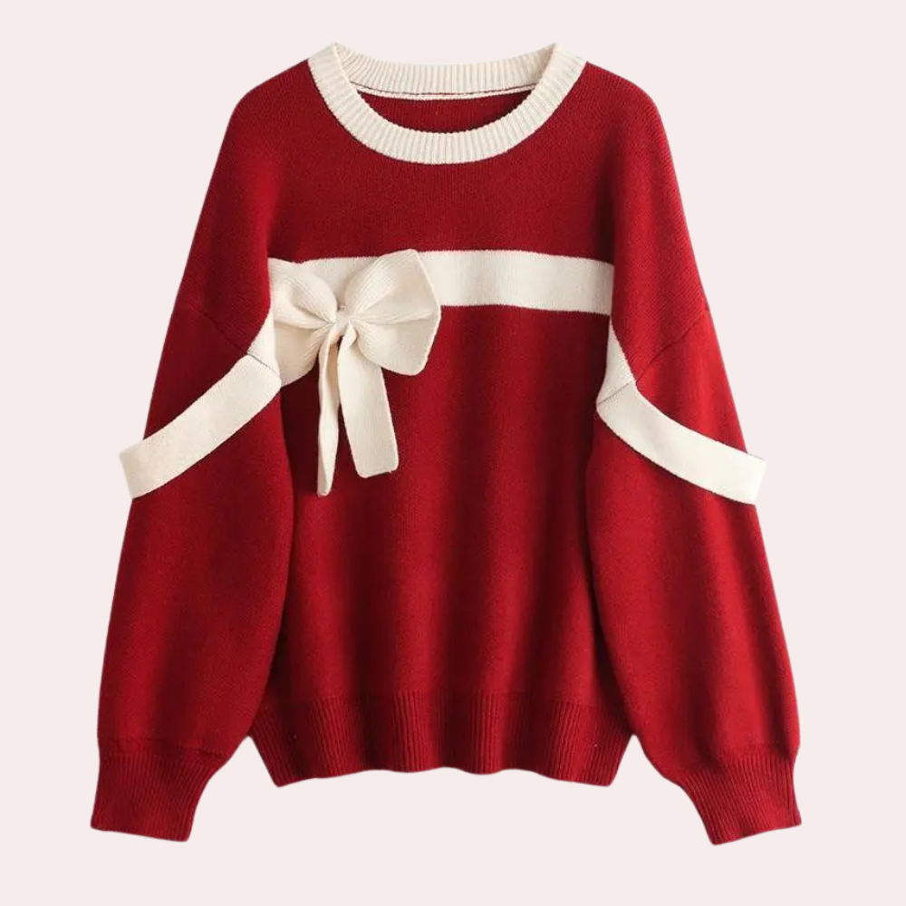 Brianna - Red Bow Knit Sweater Festive Charm for Cozy and Cute Style