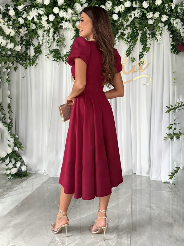 Sarah - V-Neck Swing Dress with Puff Sleeves and Fitted Waist