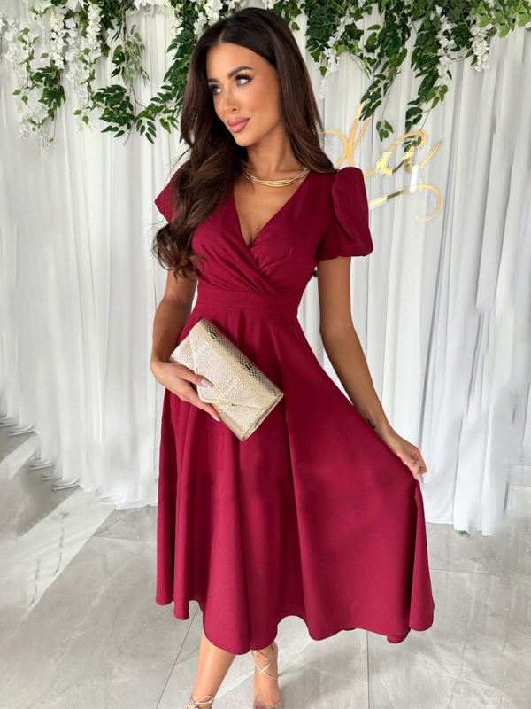 Sarah - V-Neck Swing Dress with Puff Sleeves and Fitted Waist