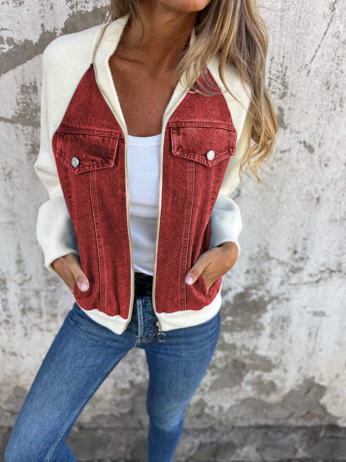 Sophia - Cozy Denim Bomber Jacket Stylish and Warm