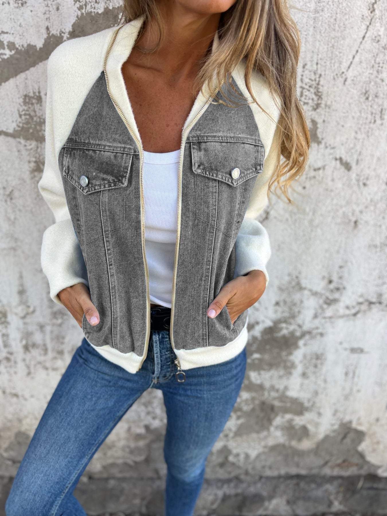 Sophia - Cozy Denim Bomber Jacket Stylish and Warm